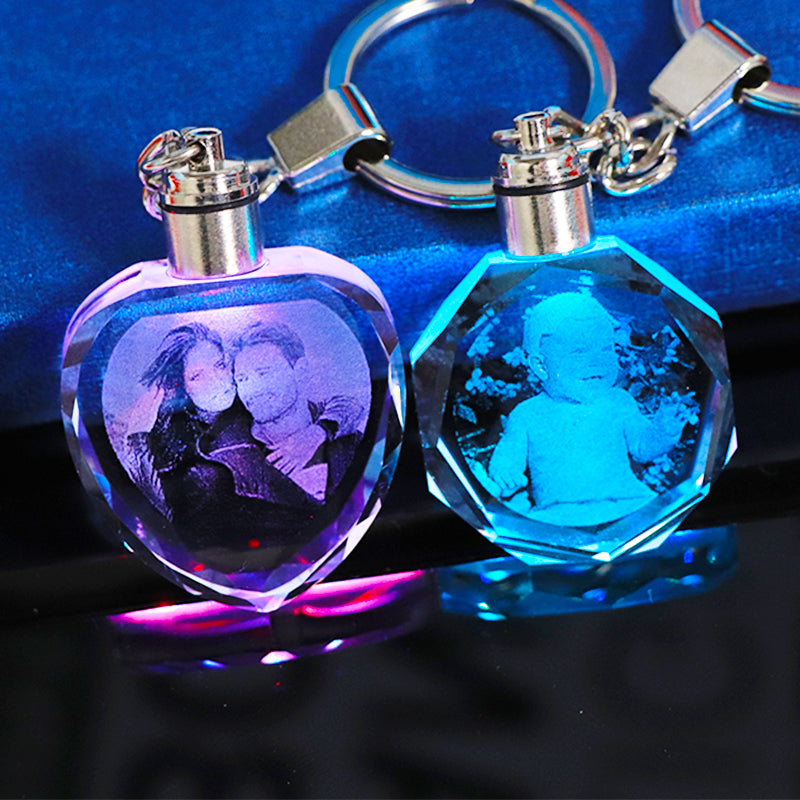 Crystal Keychain Customization Custom Photo Couple Family Souvenir Gift Laser Carve Crystal Keychain Photo Colorful LED Light Key Chain