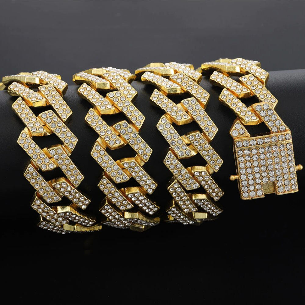 20MM Necklace +Watch+Bracelet Hip Hop Miami Curb Cuban Chain Iced Out Paved Rhinestones CZ Bling Rapper for Men Jewelry