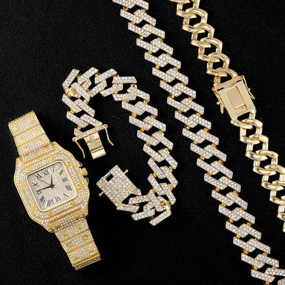 20MM Necklace +Watch+Bracelet Hip Hop Miami Curb Cuban Chain Iced Out Paved Rhinestones CZ Bling Rapper for Men Jewelry