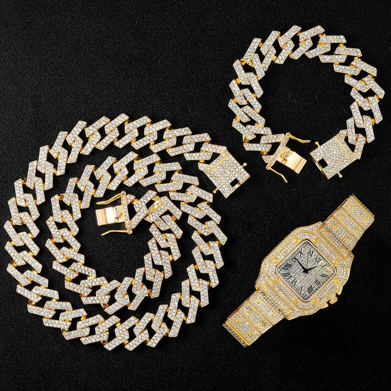 20MM Necklace +Watch+Bracelet Hip Hop Miami Curb Cuban Chain Iced Out Paved Rhinestones CZ Bling Rapper for Men Jewelry